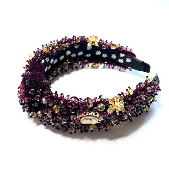 Statement Velvet Burgundy Beaded Headband w/ Gold Cameo Embellishments - Picture 3 of 5